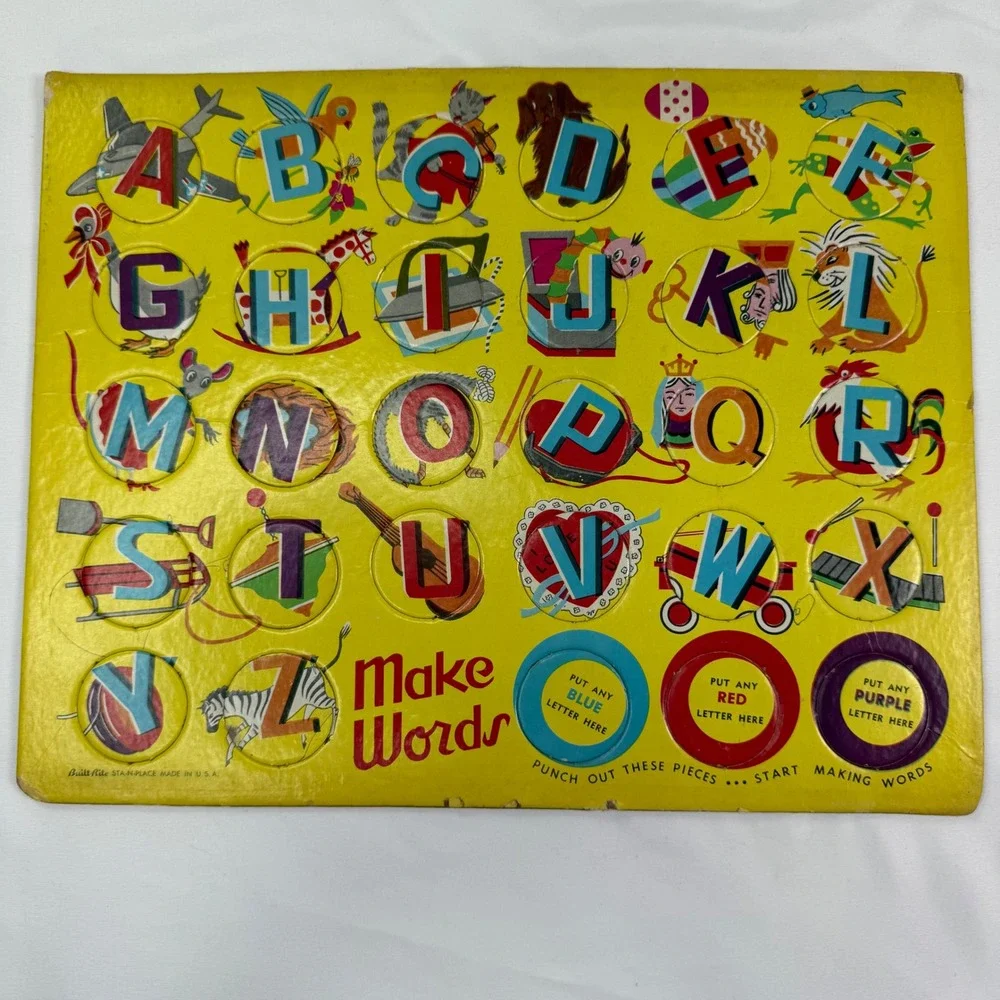 Vintage Built-Rite Make Words Alphabet Board Yellow Cardboard Punch Out Toy USA